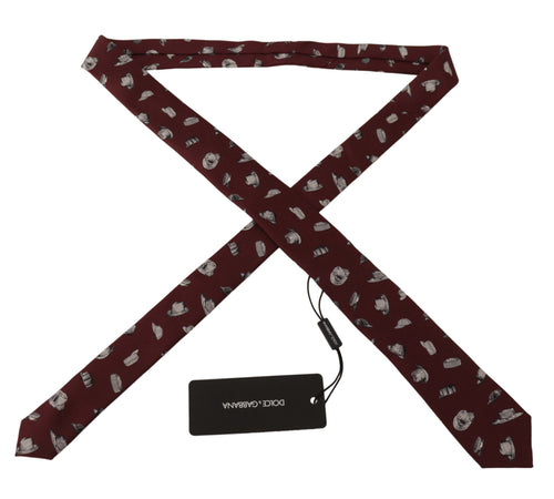 Dolce & Gabbana Maroon Hat Pattern 100% Silk Adjustable Accessory Tie - ClickThatClicks 