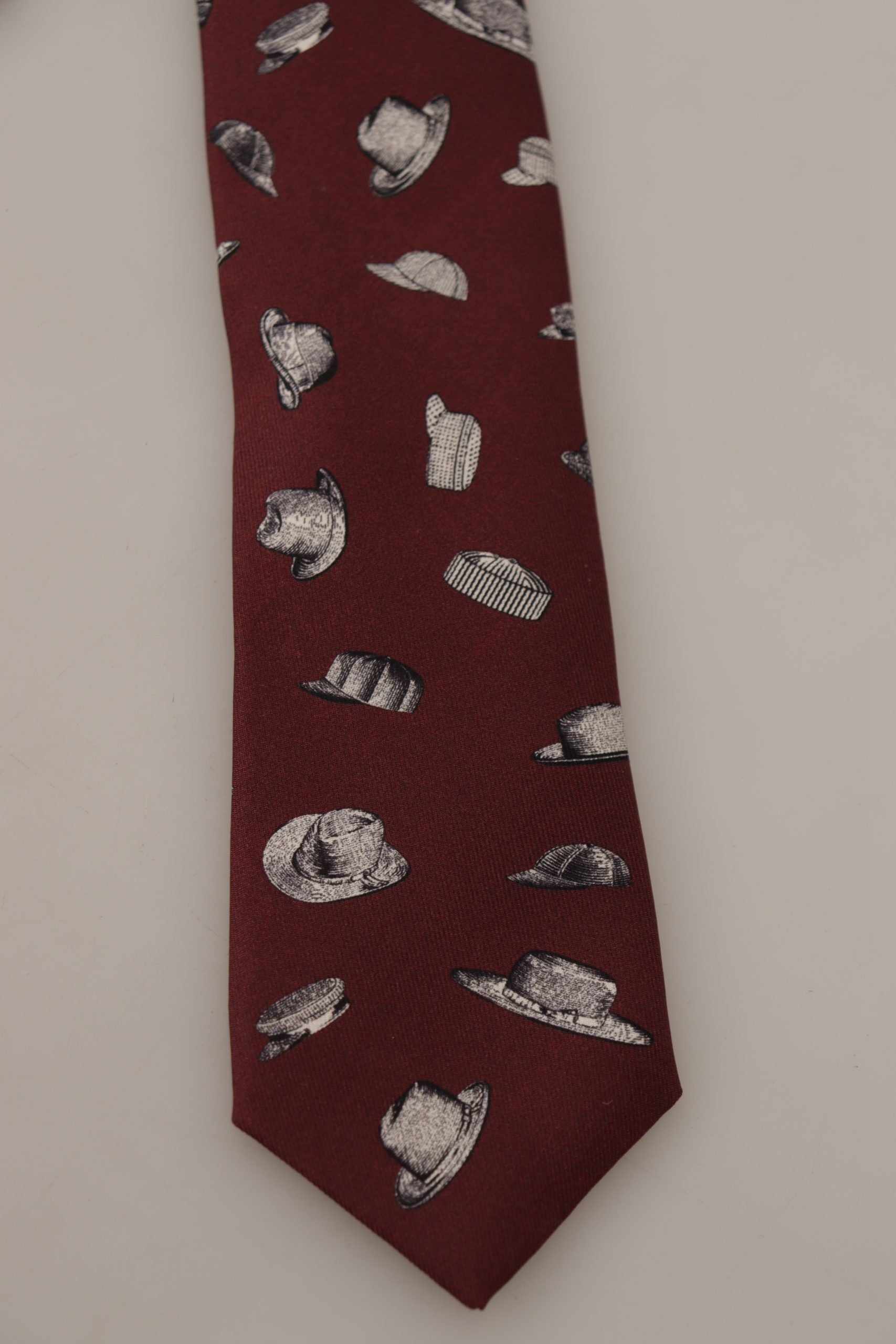 Dolce & Gabbana Maroon Hat Pattern 100% Silk Adjustable Accessory Tie - ClickThatClicks 