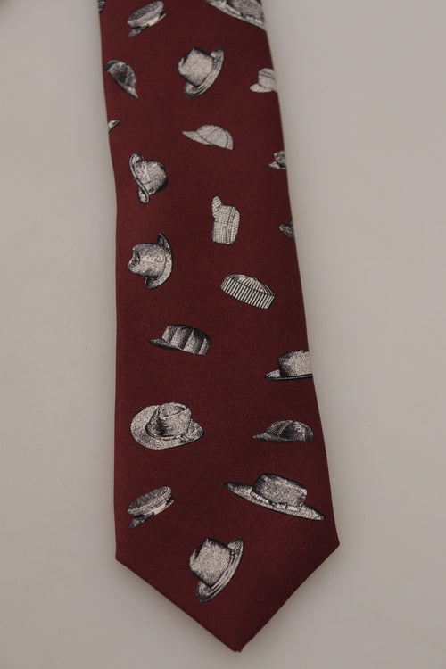 Dolce & Gabbana Maroon Hat Pattern 100% Silk Adjustable Accessory Tie - ClickThatClicks 