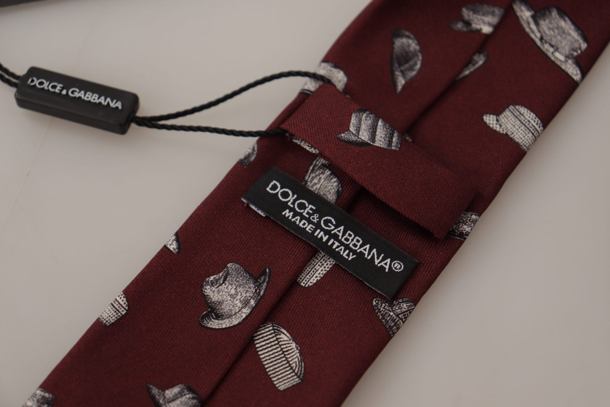 Dolce & Gabbana Maroon Hat Pattern 100% Silk Adjustable Accessory Tie - ClickThatClicks 