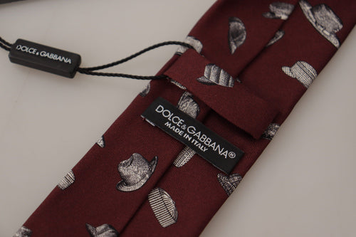 Dolce & Gabbana Maroon Hat Pattern 100% Silk Adjustable Accessory Tie - ClickThatClicks 
