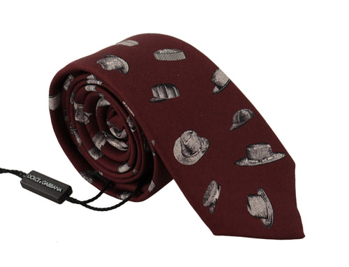 Dolce & Gabbana Maroon Hat Pattern 100% Silk Adjustable Accessory Tie - ClickThatClicks 