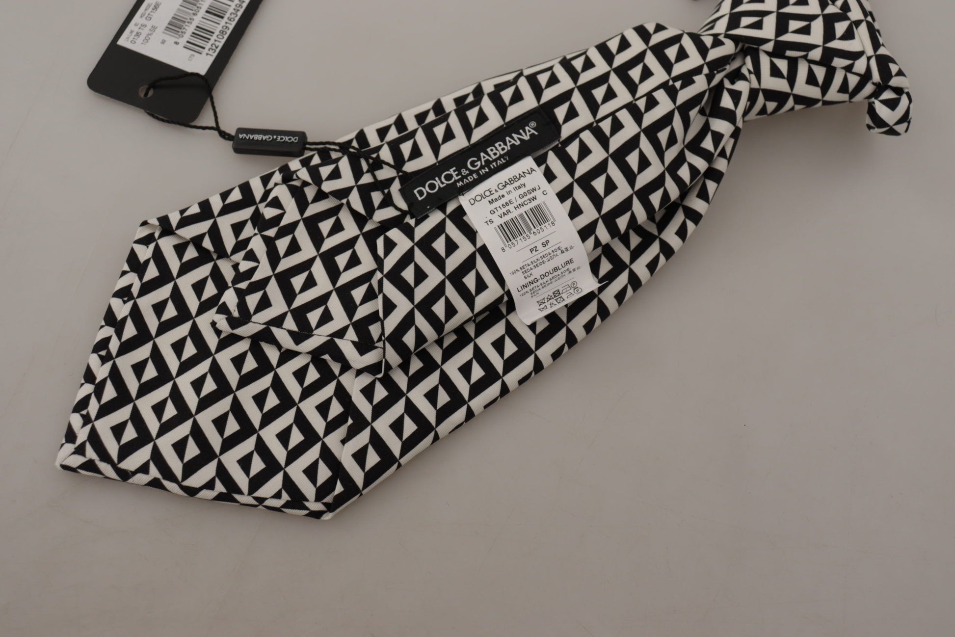 Dolce & Gabbana Black White Geometric 100% Silk Adjustable Accessory Tie - ClickThatClicks 