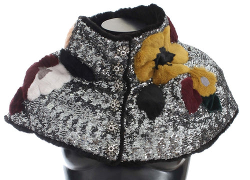 Dolce & Gabbana Silver Sequined Floral Weasel Fur Shoulder Scarf Wrap - ClickThatClicks 