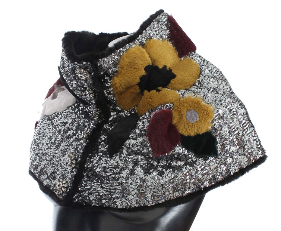Dolce & Gabbana Silver Sequined Floral Weasel Fur Shoulder Scarf Wrap - ClickThatClicks 