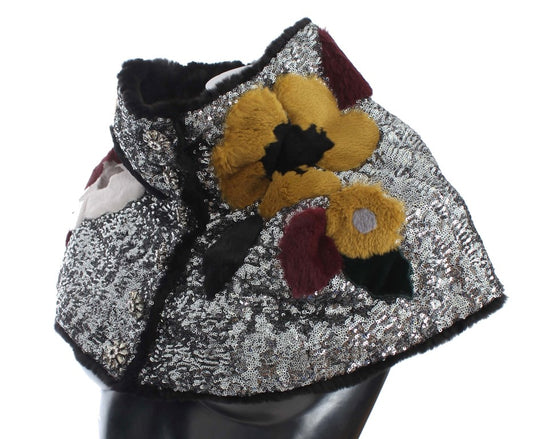 Dolce & Gabbana Silver Sequined Floral Weasel Fur Shoulder Scarf Wrap - ClickThatClicks 