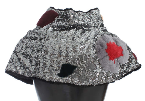 Dolce & Gabbana Silver Sequined Floral Weasel Fur Shoulder Scarf Wrap - ClickThatClicks 