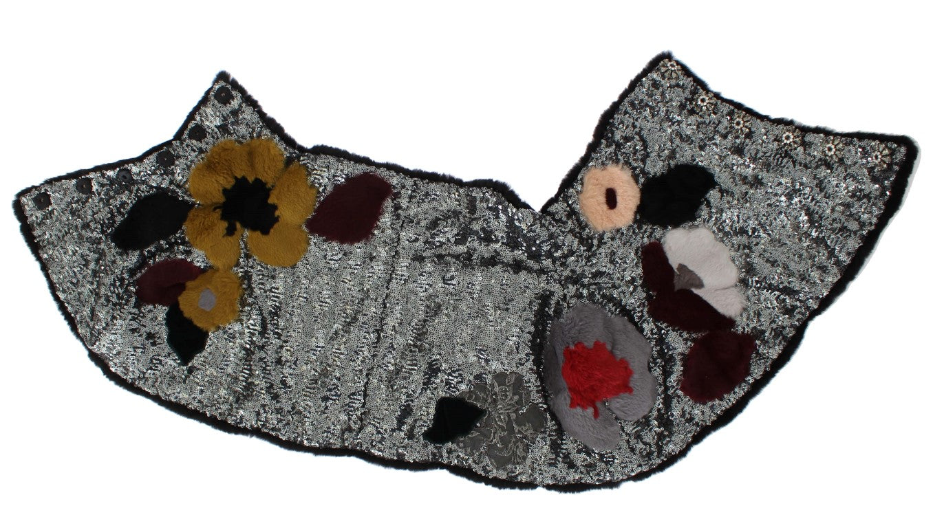 Dolce & Gabbana Silver Sequined Floral Weasel Fur Shoulder Scarf Wrap - ClickThatClicks 