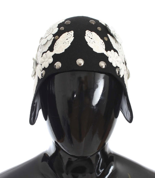 Dolce & Gabbana Black Wool White Floral Gold Leaf Hat - ClickThatClicks 