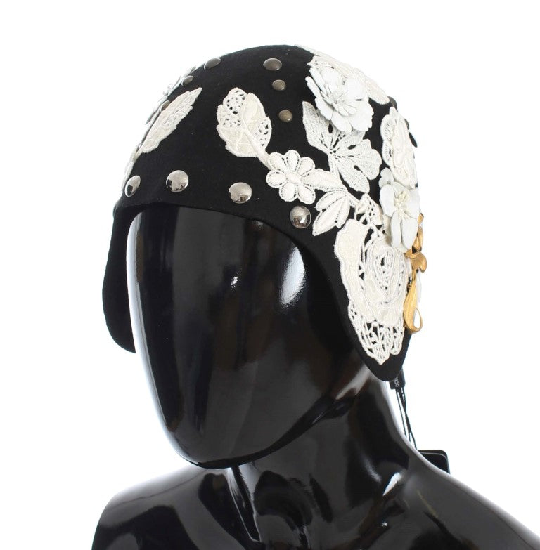 Dolce & Gabbana Black Wool White Floral Gold Leaf Hat - ClickThatClicks 