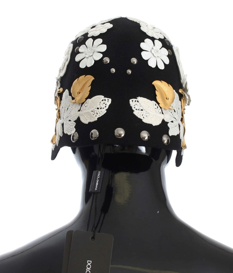Dolce & Gabbana Black Wool White Floral Gold Leaf Hat - ClickThatClicks 