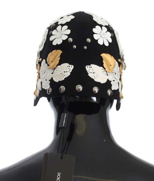Dolce & Gabbana Black Wool White Floral Gold Leaf Hat - ClickThatClicks 