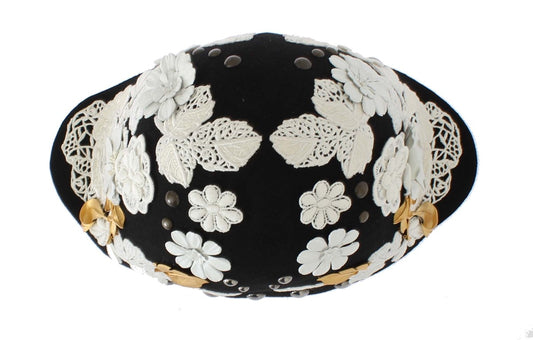 Dolce & Gabbana Black Wool White Floral Gold Leaf Hat - ClickThatClicks 