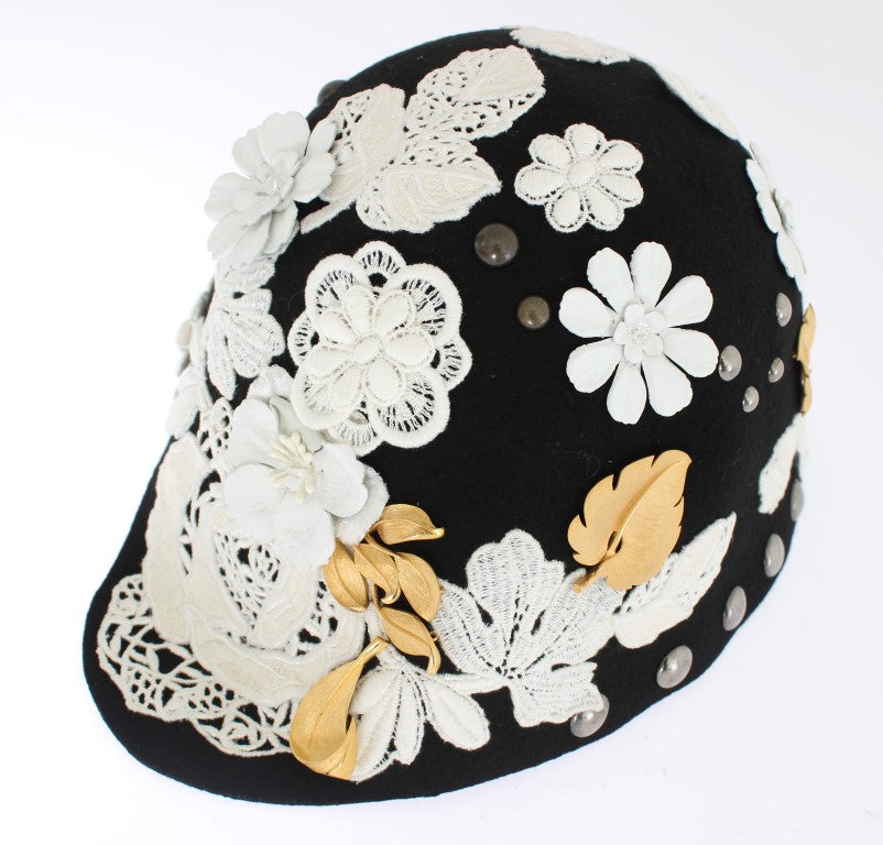 Dolce & Gabbana Black Wool White Floral Gold Leaf Hat - ClickThatClicks 