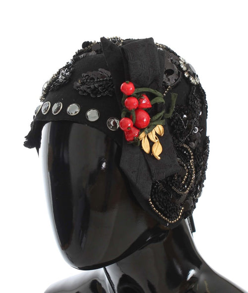 Dolce & Gabbana Black Crystal Gold Cherries Brooch Hat - ClickThatClicks 