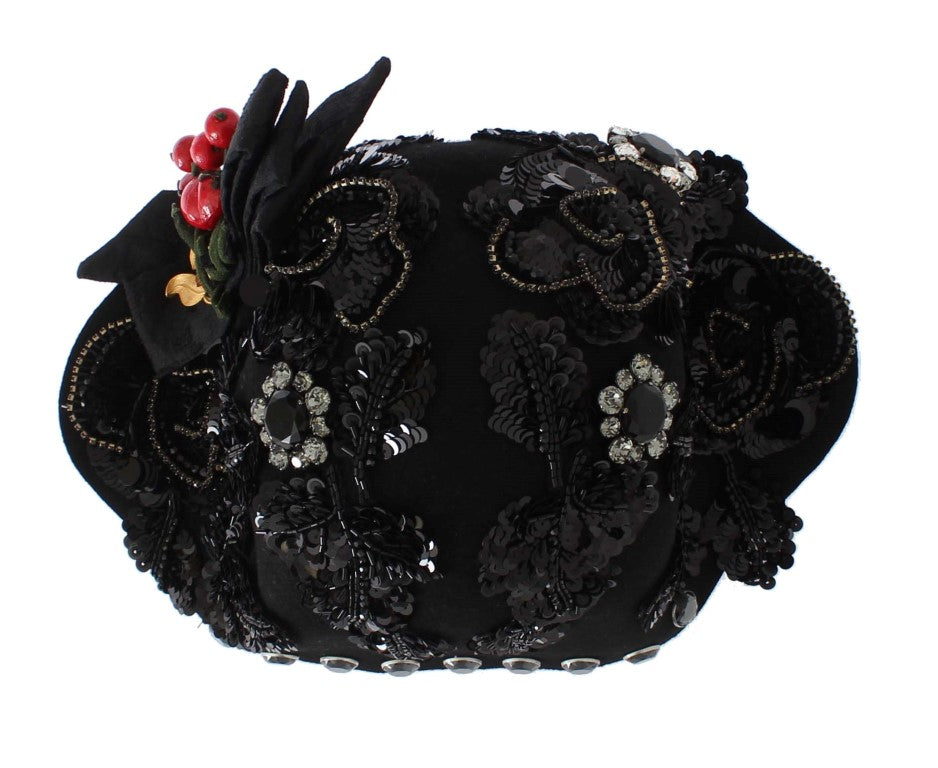 Dolce & Gabbana Black Crystal Gold Cherries Brooch Hat - ClickThatClicks 