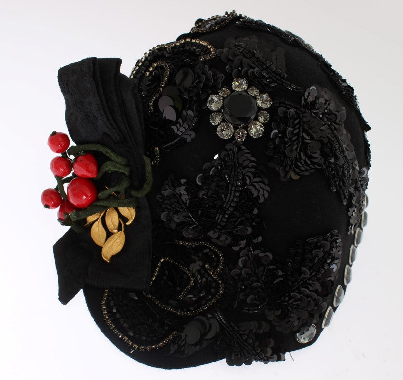 Dolce & Gabbana Black Crystal Gold Cherries Brooch Hat - ClickThatClicks 