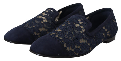 Dolce & Gabbana Blue Floral Lace Slip Ons Loafers Flats Shoes - ClickThatClicks 