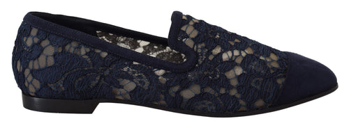 Dolce & Gabbana Blue Floral Lace Slip Ons Loafers Flats Shoes - ClickThatClicks 