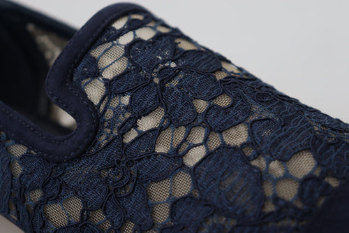 Dolce & Gabbana Blue Floral Lace Slip Ons Loafers Flats Shoes - ClickThatClicks 