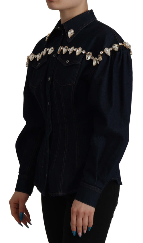 Dolce & Gabbana Blue Denim Crystal Embellish Cotton Jacket - ClickThatClicks 