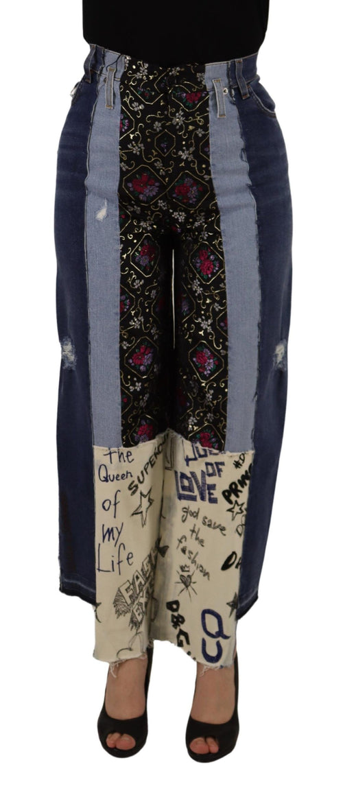 Dolce & Gabbana Multicolor Patchwork DG Fashion Wide Leg Denim Pant - ClickThatClicks 