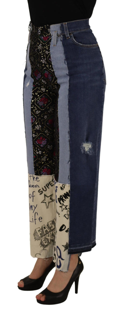 Dolce & Gabbana Multicolor Patchwork DG Fashion Wide Leg Denim Pant - ClickThatClicks 