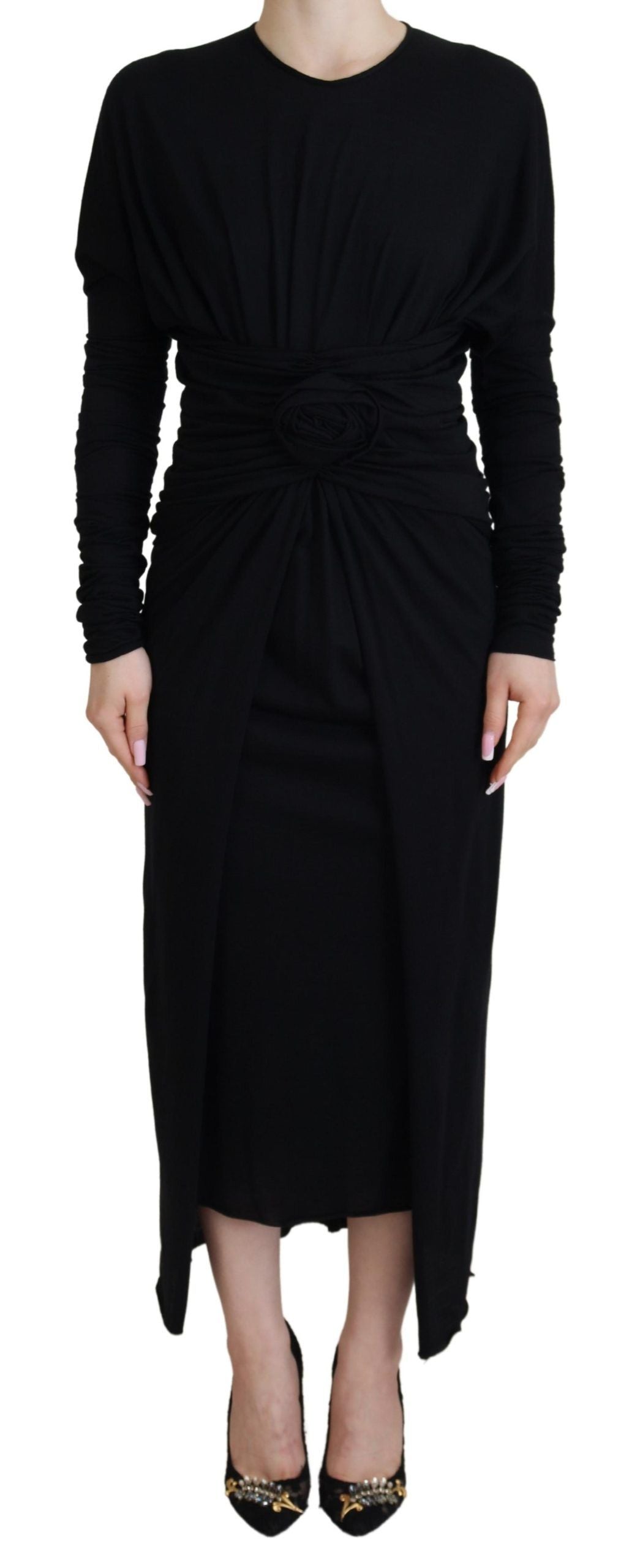 Dolce & Gabbana Black Sheath Midi Gown Wool Wrap Dress - ClickThatClicks 