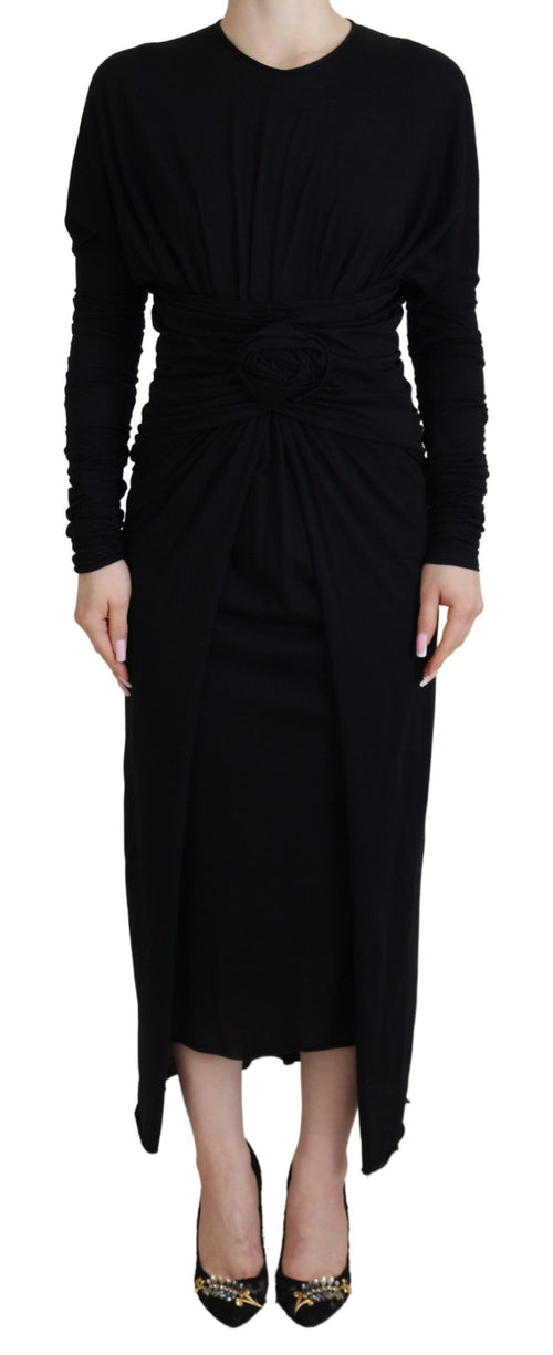 Dolce & Gabbana Black Sheath Midi Gown Wool Wrap Dress - ClickThatClicks 