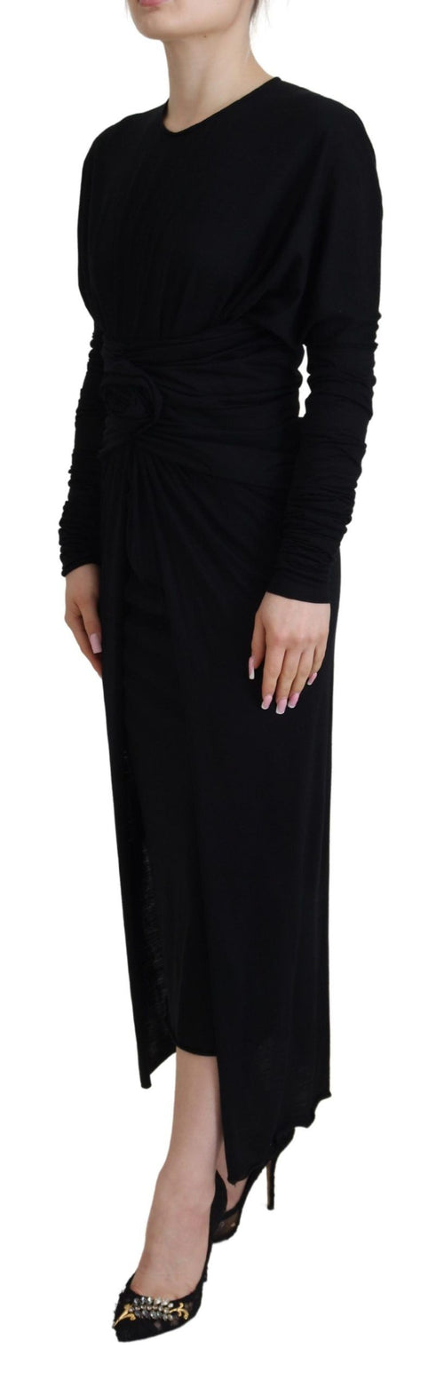 Dolce & Gabbana Black Sheath Midi Gown Wool Wrap Dress - ClickThatClicks 