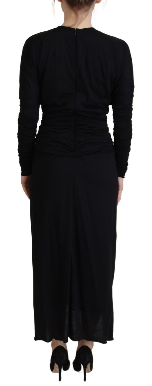 Dolce & Gabbana Black Sheath Midi Gown Wool Wrap Dress - ClickThatClicks 