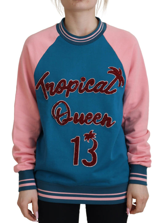 Dolce & Gabbana Blue Pink Queen Sequin Crystal Sweater - ClickThatClicks 