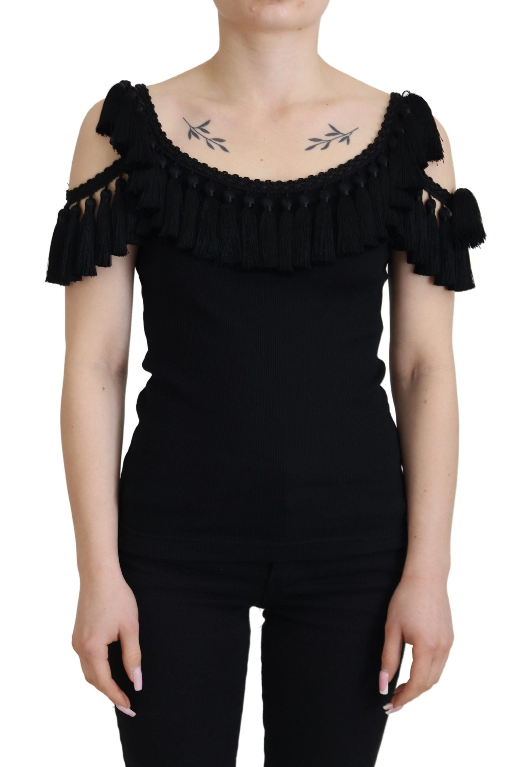 Dolce & Gabbana Black Tank Top Blouse Tassle Cotton Blouse - ClickThatClicks 