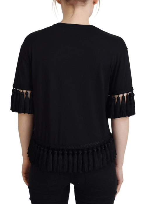 Dolce & Gabbana Black T-shirt Blouse Tassle Cotton Blouse - ClickThatClicks 