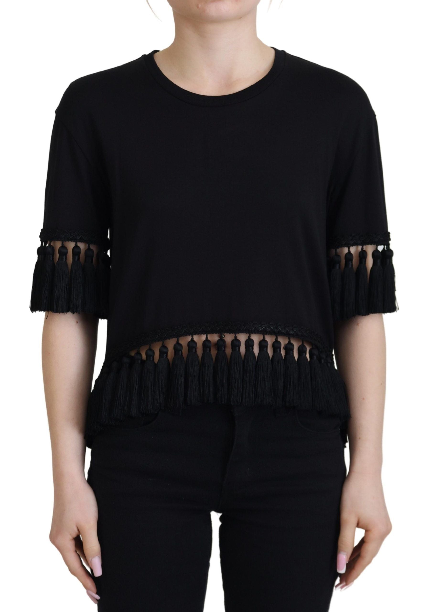 Dolce & Gabbana Black T-shirt Blouse Tassle Cotton Blouse - ClickThatClicks 