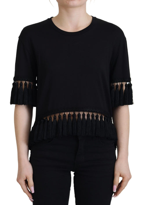 Dolce & Gabbana Black T-shirt Blouse Tassle Cotton Blouse - ClickThatClicks 