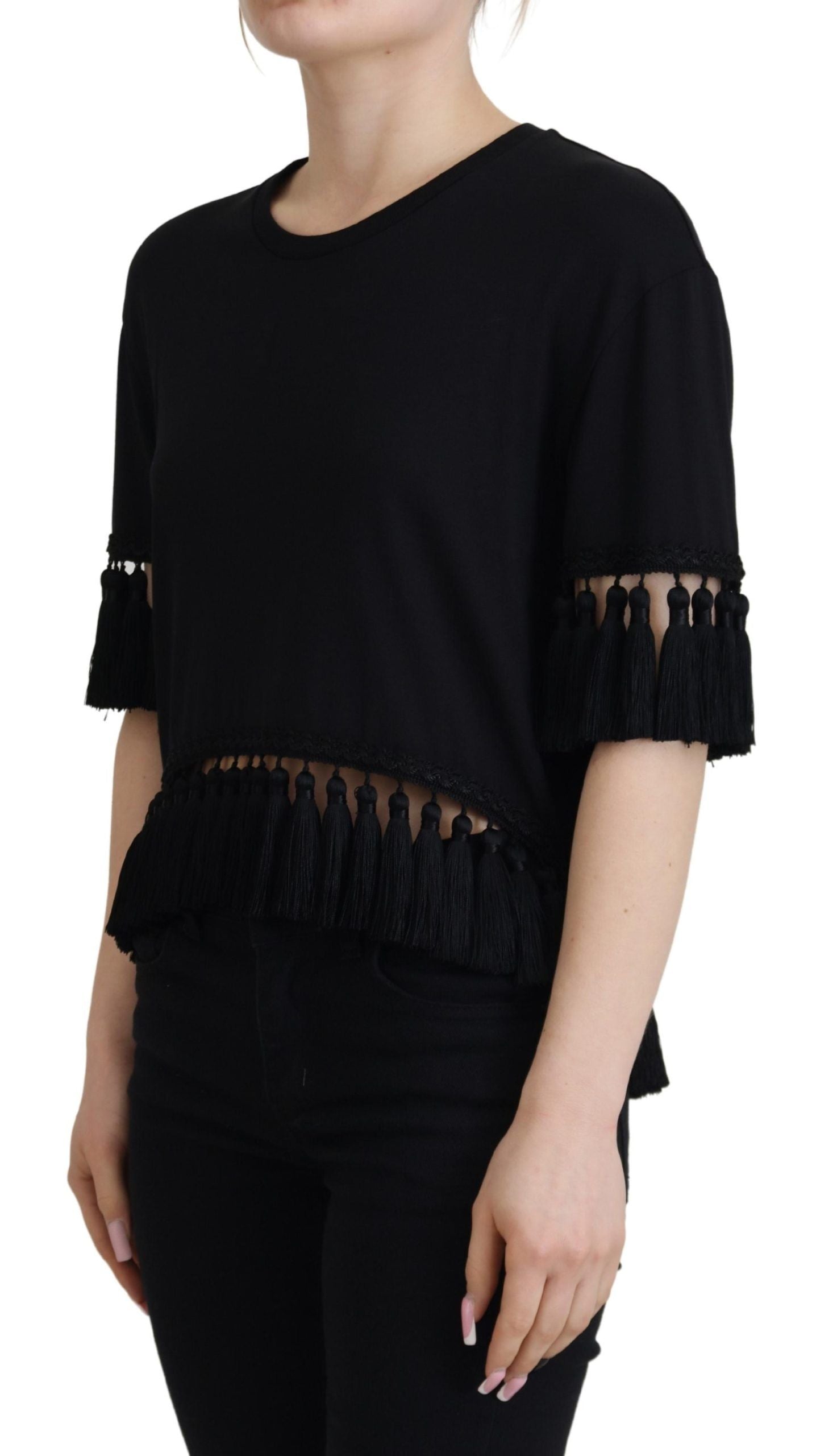 Dolce & Gabbana Black T-shirt Blouse Tassle Cotton Blouse - ClickThatClicks 