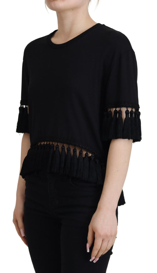 Dolce & Gabbana Black T-shirt Blouse Tassle Cotton Blouse - ClickThatClicks 