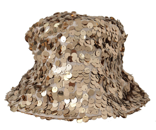Dolce & Gabbana Gold Silk Sequin Embellished Designer Brim Bucket Hat - ClickThatClicks 