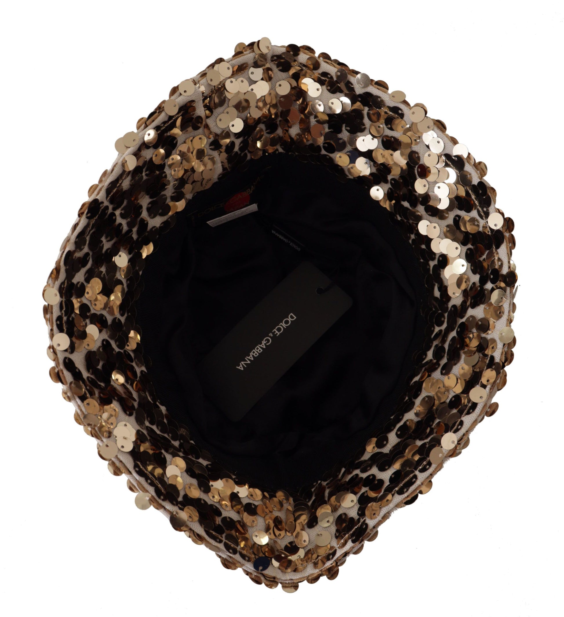 Dolce & Gabbana Gold Silk Sequin Embellished Designer Brim Bucket Hat - ClickThatClicks 