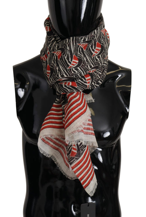 Dolce & Gabbana Black Red Linen Sailboat Stripe Print Shawl Scarf - ClickThatClicks 