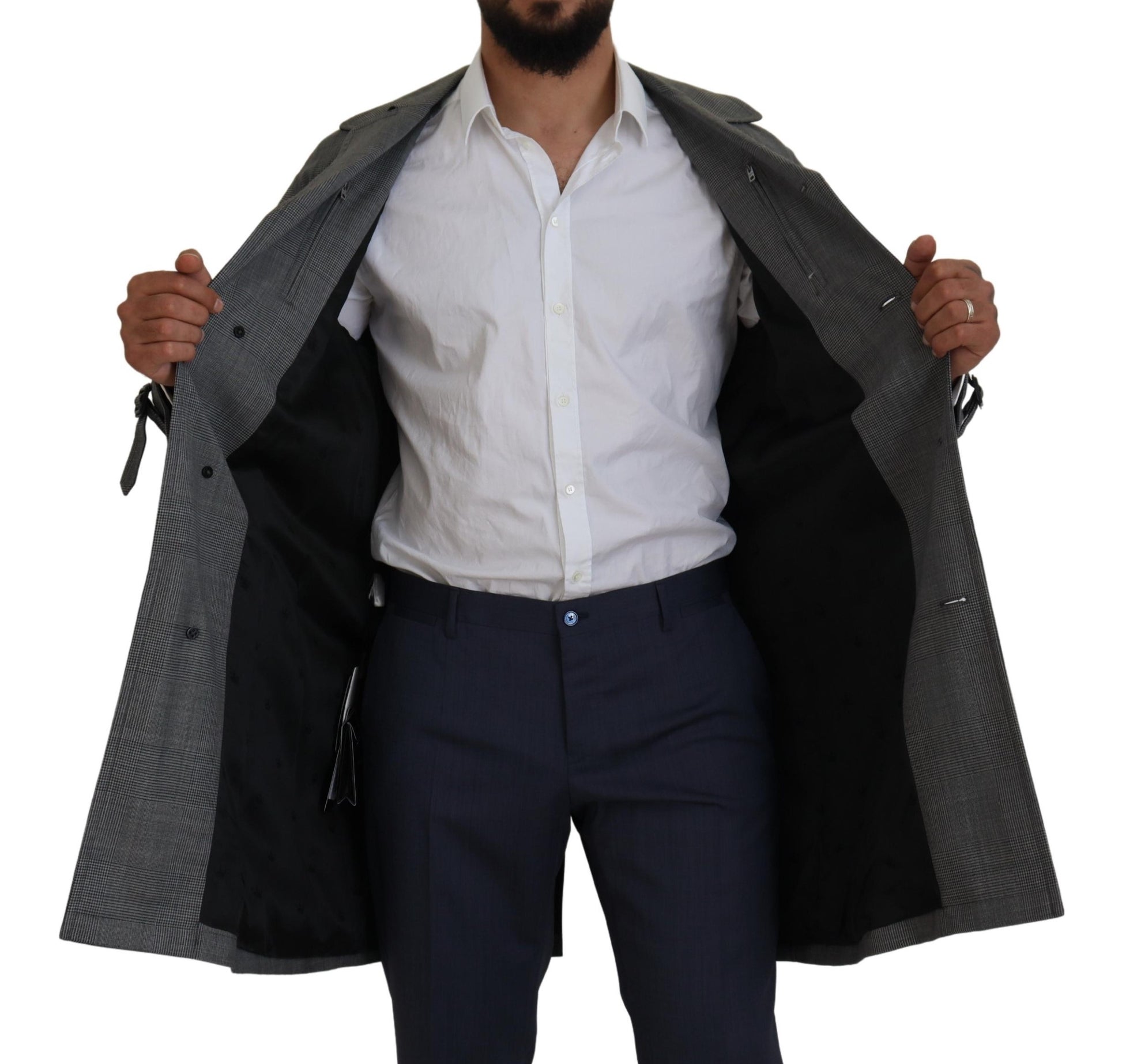 Dolce & Gabbana Gray Wool Plaid Long Trench Coat Jacket Trench Coat Jacket - ClickThatClicks 