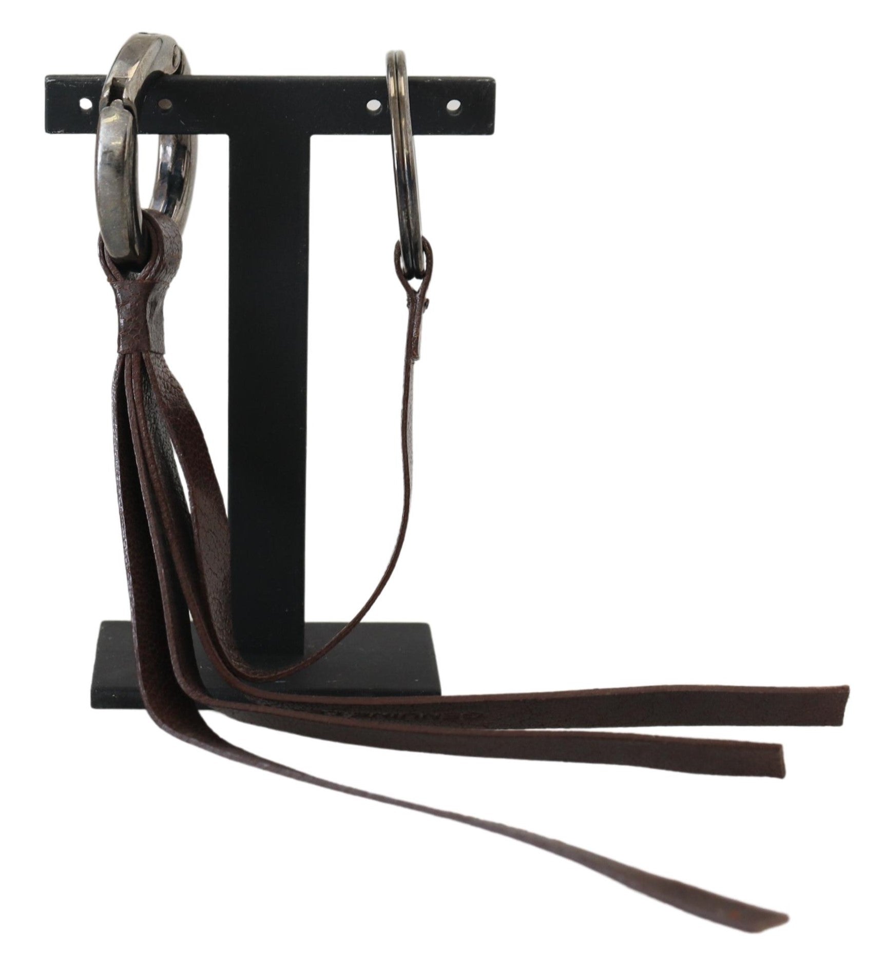 Costume National Brown Leather Silver Tone Metal Keyring Keychain - ClickThatClicks 