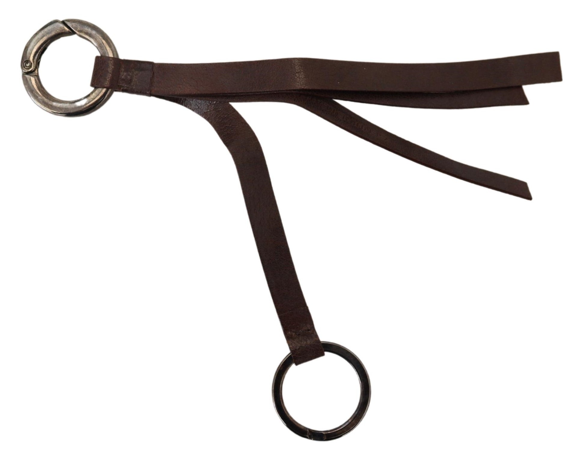 Costume National Brown Leather Silver Tone Metal Keyring Keychain - ClickThatClicks 
