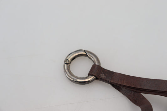 Costume National Brown Leather Silver Tone Metal Keyring Keychain - ClickThatClicks 
