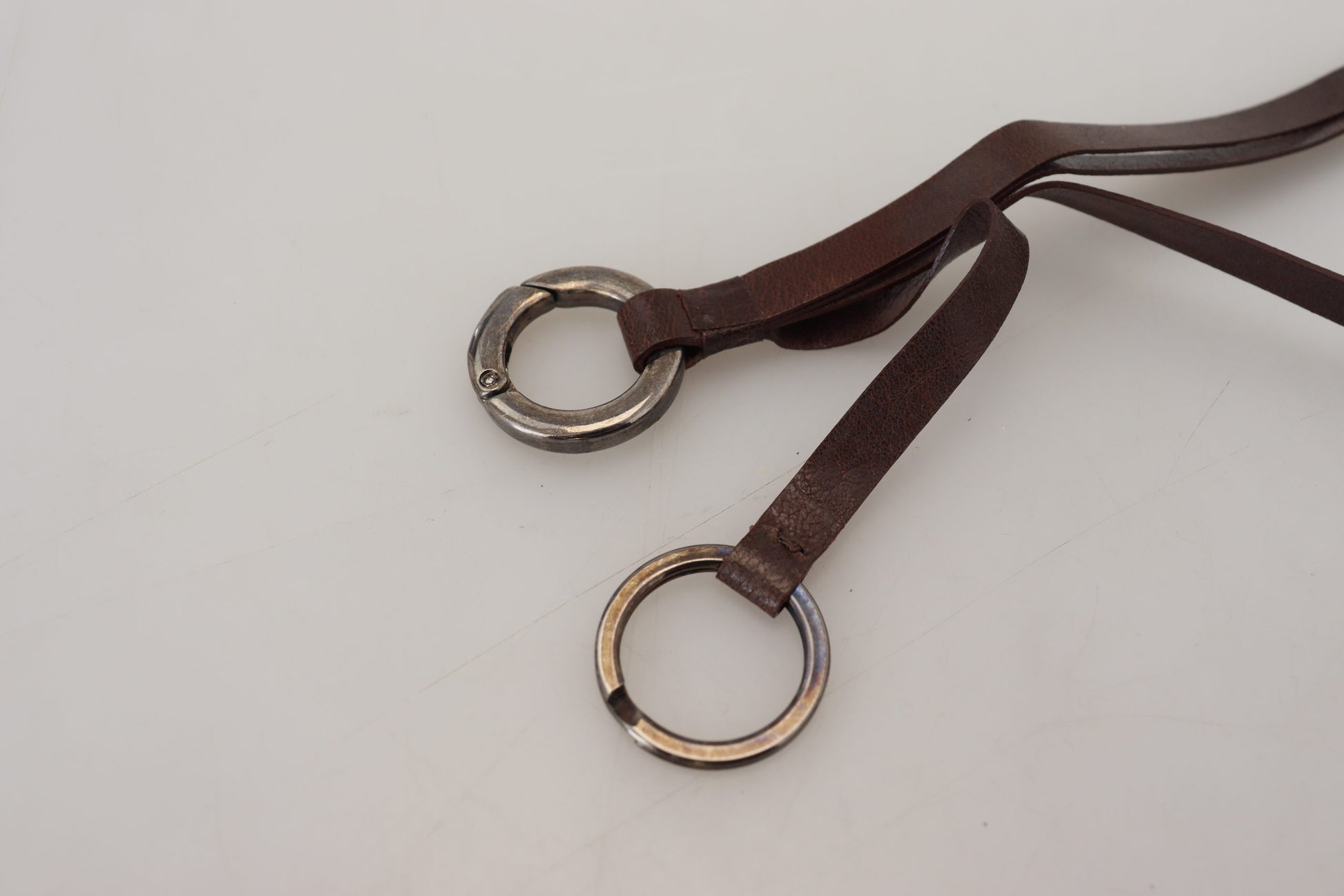 Costume National Brown Leather Silver Tone Metal Keyring Keychain - ClickThatClicks 