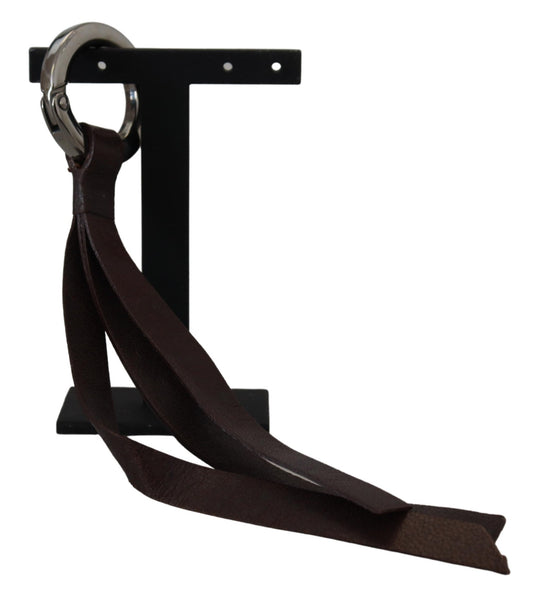 Costume National Brown Leather Silver Tone Metal Keyring Keychain - ClickThatClicks 