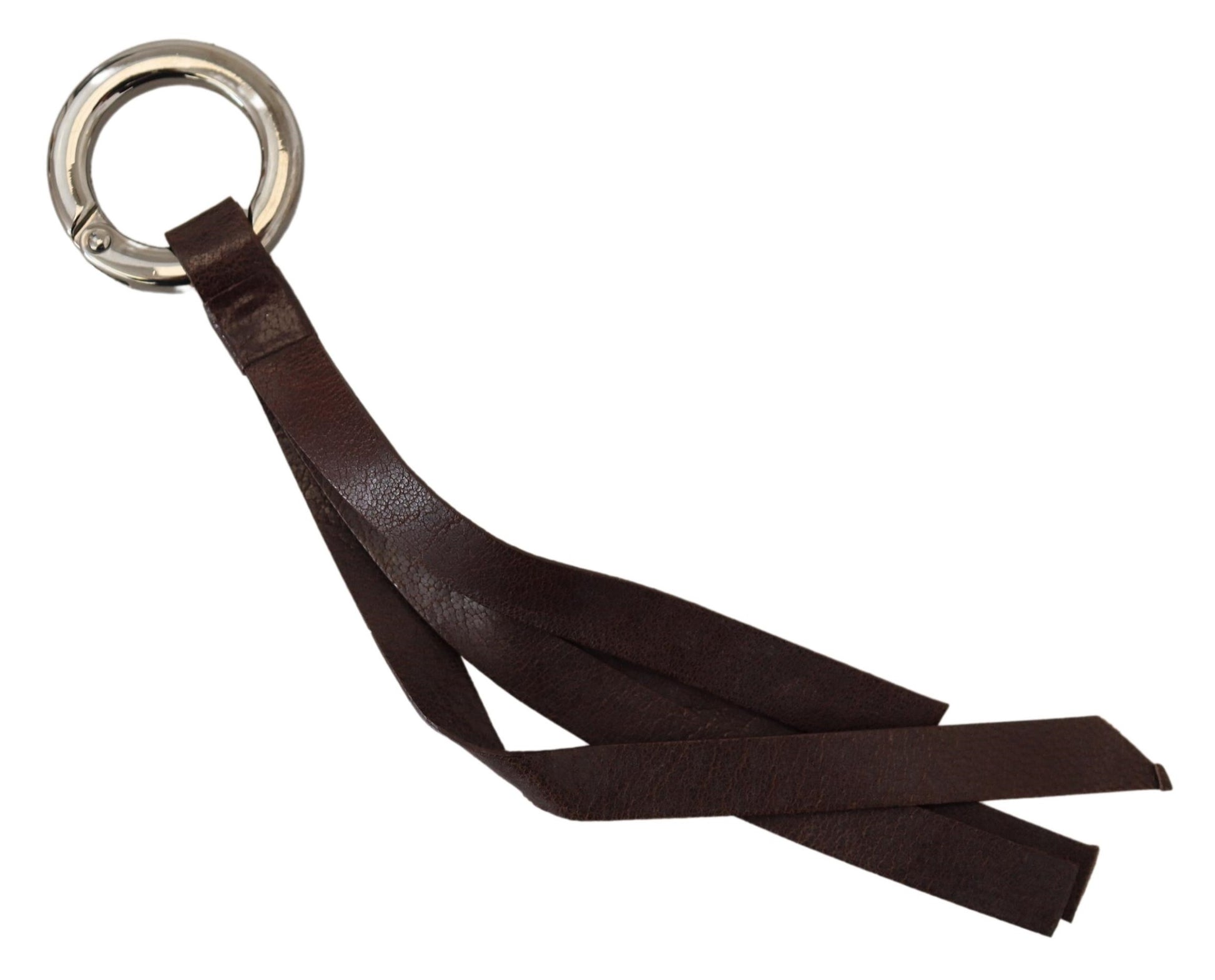 Costume National Brown Leather Silver Tone Metal Keyring Keychain - ClickThatClicks 