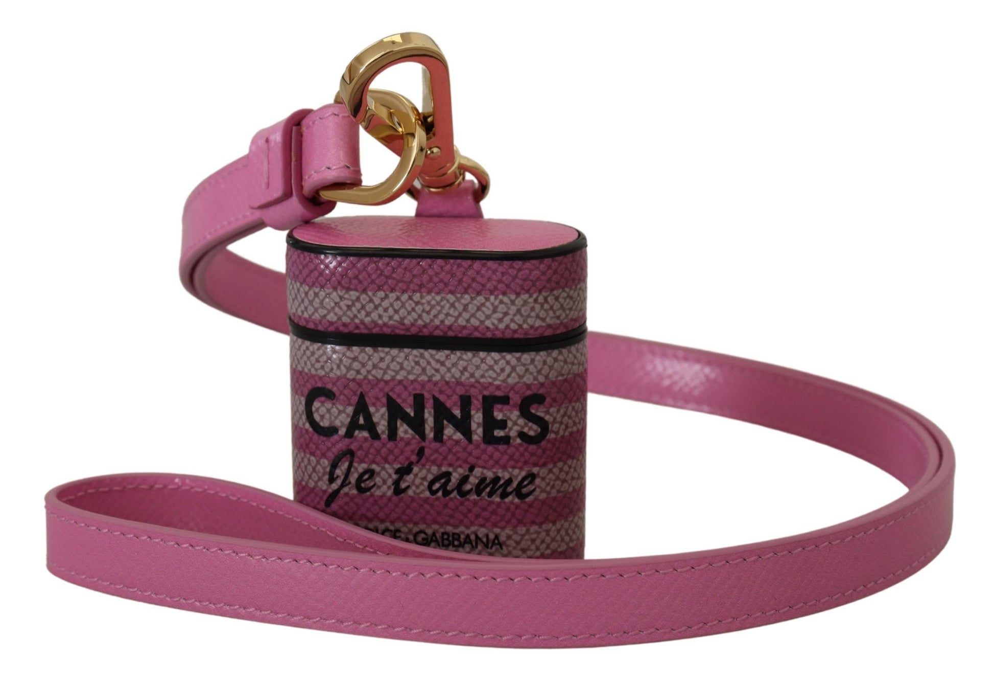 Dolce & Gabbana Pink Black Leather Strap Gold Metal Logo Airpods Case - ClickThatClicks 