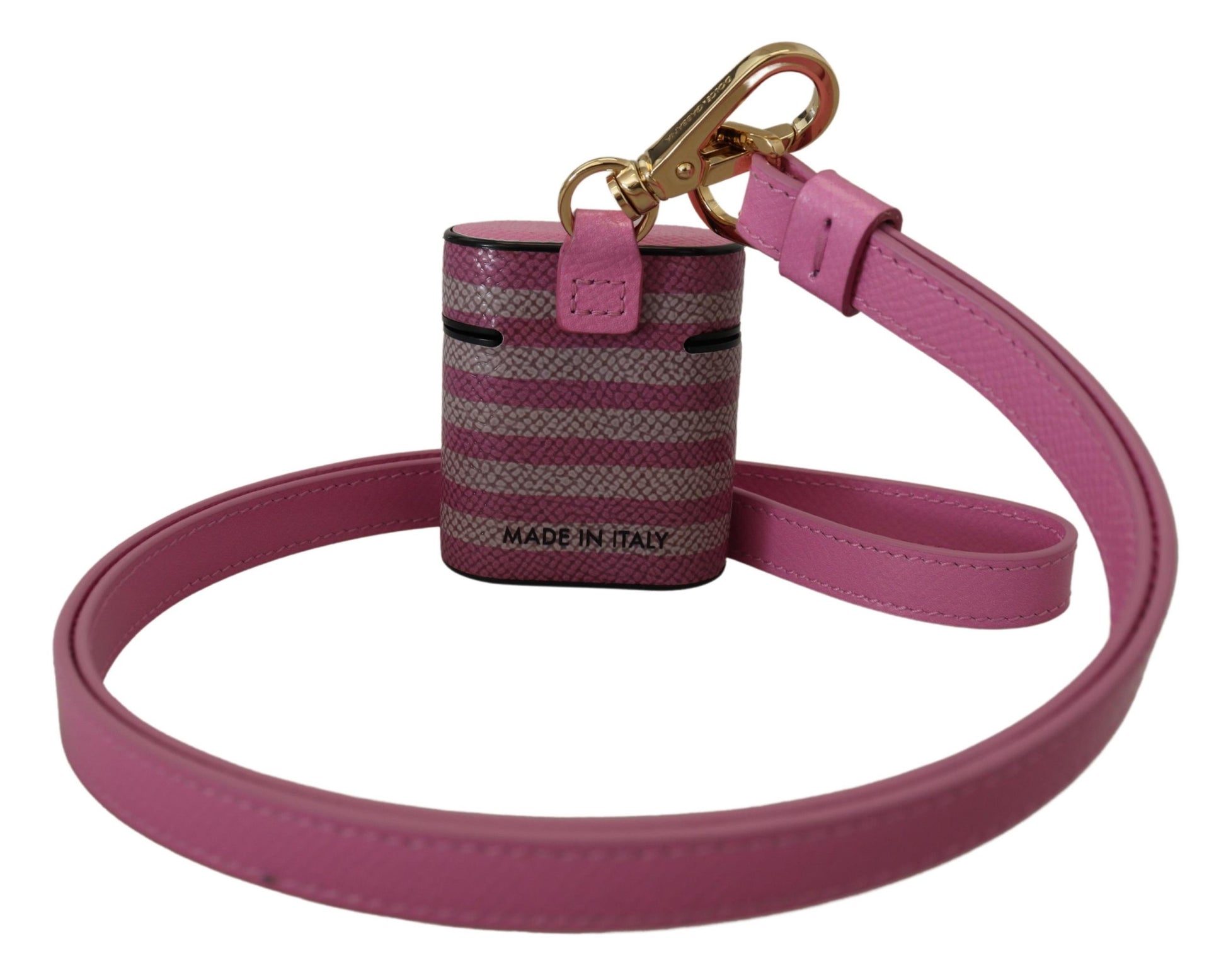 Dolce & Gabbana Pink Black Leather Strap Gold Metal Logo Airpods Case - ClickThatClicks 